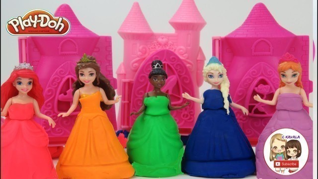 'Elsa and Anna Magic clip dolls play doh fashion dresses molds with Disney Princess Ariel Tiana'