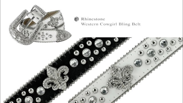 '50124 Women Rhinestone Belt Fashion Western Cowgirl Bling Studded Fleur-de-lis Concho Leather Belt'