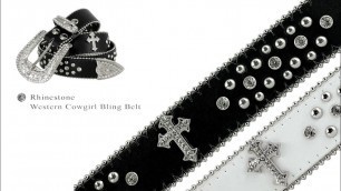 '50127 Rhinestone Belt Fashion Western Cowgirl Bling Studded Design Cross Concho Leather Belt'